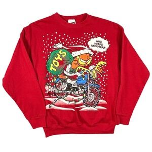 Vintage 1978 Garfield Christmas Motorcycle Sweatshirt Tultex Red Mens Large 90s